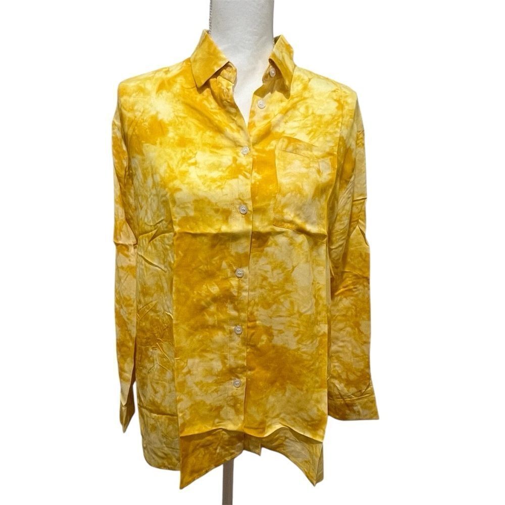 WT Caara yellow and white tie dye Marble button down blouse women's size med